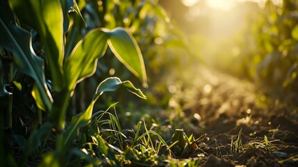 Agricultural field with young green corn plants at sunset, close up, corn field 