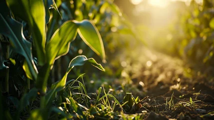 Photo sur Plexiglas Photographie macro Agricultural field with young green corn plants at sunset, close up, corn field 