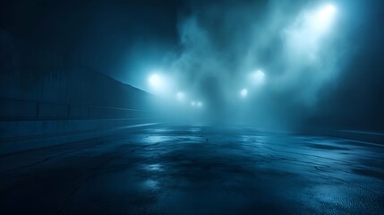 Empty street at night with fog and lights. Night cityscape.