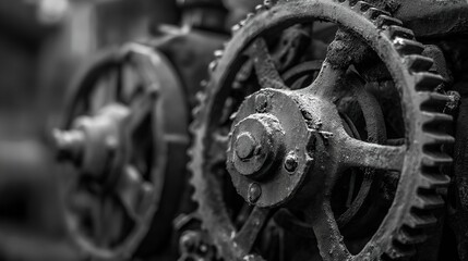 Close up of old rusty gear wheels in black and white tone.