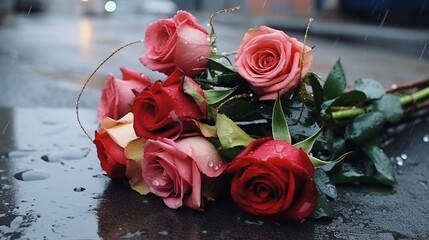 Rainy Romance: A Captivating Top View of a Rose Bouquet, Abandoned Like Junk on the Rain-Soaked Street