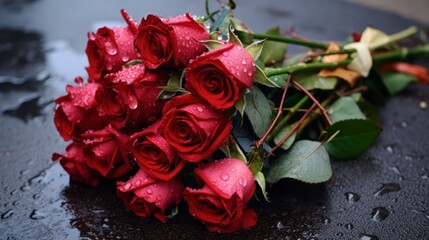 Rainy Romance: A Captivating Top View of a Rose Bouquet, Abandoned Like Junk on the Rain-Soaked Street