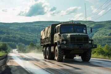 A military truck transporting goods and equipment.