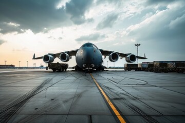 A military transport airplane on an airport loading equipment. - obrazy, fototapety, plakaty