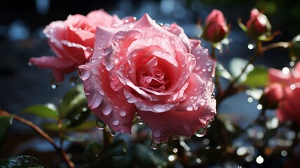 Enchanting Deluge: Mesmerizing Water Cascades onto Vibrant Rose in Sunlit Splendor