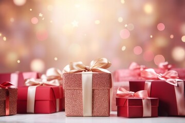 Sparkling Elegance: Mesmerizing Red and Pink Gift Boxes with Glittering Ribbons, Illuminated by Clear Lighting and Soft Bokeh Background - Perfect for Any Occasion