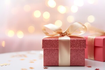 Sparkling Elegance: Mesmerizing Red and Pink Gift Boxes with Glittering Ribbons, Illuminated by Clear Lighting and Soft Bokeh Background - Perfect for Any Occasion