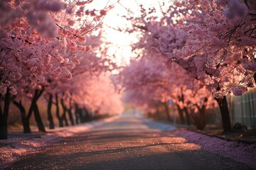 An enchanting cherry blossom avenue at dawn, with neon blossom pink veins in the petals and...