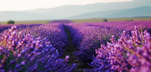 A peaceful lavender farm in the countryside, neon lavender farm purple veins in the rows of lavender, 