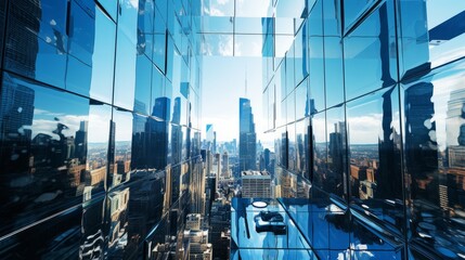 Urban Mirage: Captivating Reflections of a Vibrant Cityscape on a Skyscraper's Glass Skin