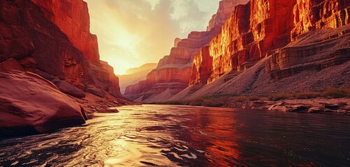 A majestic canyon river at sunrise, neon sunrise orange veins in the water and cliffs, presenting a breathtaking monochromatic sunrise orange canyon view, distant walls softly blurred - obrazy, fototapety, plakaty