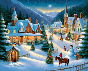 Fantasy Festive Snowy Mountain Village scene