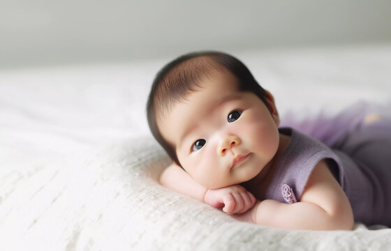 Cute newborn baby, purple dress, suspicious thinking eyes.