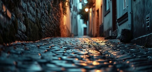 A picturesque old town alley at dusk, neon old town twilight grey veins in the cobblestone and walls, offering a historic monochromatic old town twilight grey view, distant alley end softly blurred - obrazy, fototapety, plakaty
