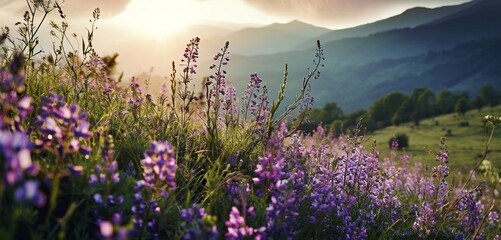 A serene alpine meadow at dusk, neon meadow purple veins in the wildflowers and grass, offering a peaceful monochromatic meadow purple highland view, distant peaks softly blurred