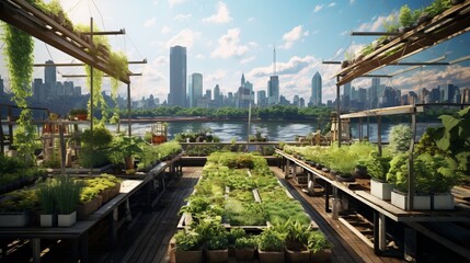 City Oasis: Transforming Rooftops into Vibrant Urban Farms - A Captivating Stock Image of a...