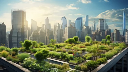 Foto op Canvas City Oasis: Transforming Rooftops into Vibrant Urban Farms - A Captivating Stock Image of a Skyscraper's Rooftop Transformed into a Lush Green Haven amidst the Bustling Cityscape © ASoullife