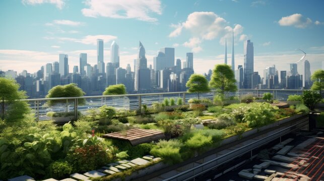 City Oasis: Transforming Rooftops into Vibrant Urban Farms - A Captivating Stock Image of a Skyscraper's Rooftop Transformed into a Lush Green Haven amidst the Bustling Cityscape