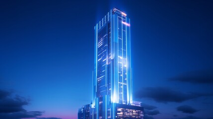 Enchanting Twilight: Illuminated Futuristic Skyscraper Embraces the Night with Neon Elegance