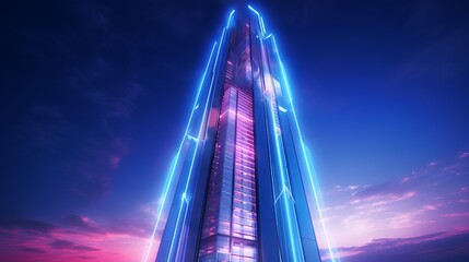 Enchanting Twilight: Illuminated Futuristic Skyscraper Embraces the Night with Neon Elegance