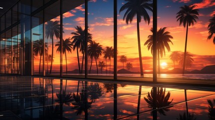 Serenity in the Concrete Jungle: Captivating Glass Office Building Embraces Vibrant Sunset Hues, Palm Tree Silhouettes Add Tropical Flair