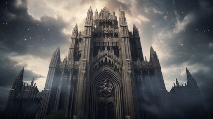 Enigmatic Elegance: Gothic Skyscraper's Intricate Stonework Amidst Moody Sky - obrazy, fototapety, plakaty