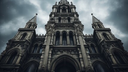 Fototapeta na wymiar Enigmatic Elegance: Gothic Skyscraper's Intricate Stonework Amidst Moody Sky