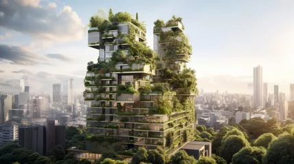 Wandaufkleber Vertical Oasis: A Sustainable Skyscraper Blooms with Green Gardens, Redefining Urban Architecture © ASoullife