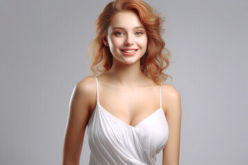 a 3D fashion model gracefully soars against a light gray backdrop. Draped in a long silk gown with chiffon fabric, she embodies creativity in a pure white dress. Generative AI.