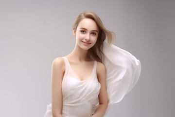 a 3D fashion model gracefully soars against a light gray backdrop. Draped in a long silk gown with chiffon fabric, she embodies creativity in a pure white dress. Generative AI.