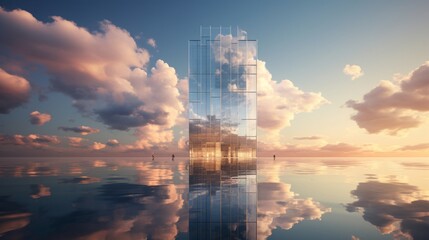 Nature's Reflection: A Captivating Blend of Architecture and Sky in a Modern Skyscraper - obrazy, fototapety, plakaty