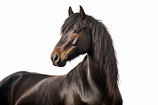 Dark bay Holsteiner Horse close-up portrait on a white background.