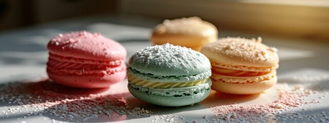 An assortment of delicate macarons dusted with powdered sugar, each flavor a small bite of confectionery elegance.