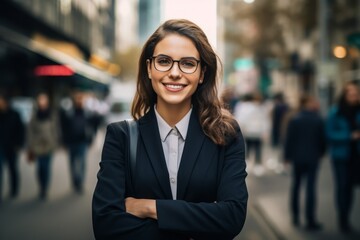 Generative AI image of smiling business woman in full business attire stand