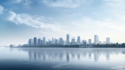 Fototapeta premium Misty Morning Marvel: Serene Lake Embraces Modern Cityscape in Ethereal Sunrise