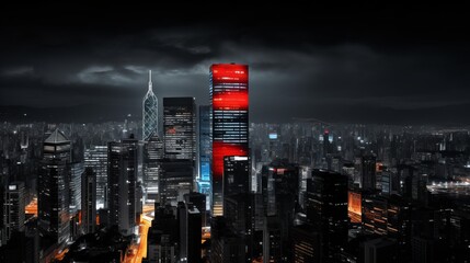 Nightfall Brilliance: Majestic Skyscraper Illuminates the Monochrome Cityscape with Striking...