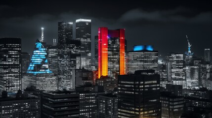 Nightfall Brilliance: Majestic Skyscraper Illuminates the Monochrome Cityscape with Striking...