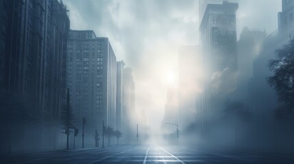 Mystical Morning: Enigmatic Skyscraper Shrouded in Ethereal Fog - Captivating Cityscape Stock Image