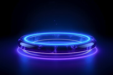 Neon purple and blue holographic display for product or advertisement. Pedestal with glowing light on black background, Blank Pedestal lo-fi concept template - sci-fi 3d rendering mockup
