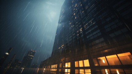 Urban Majesty: Rain-Kissed Skyscraper Shimmers with City Lights in Enigmatic Downpour