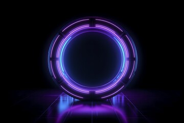 neon hologram circle tunnel frame. Empty space blank concept for product display or gaming. blue and purple ring on a black background