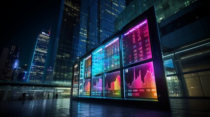 Dynamic Financial Pulse: Illuminated Skyscraper with Vibrant LED Ticker Showcasing Real-Time Stock Market Updates