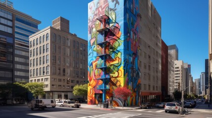 Urban Tapestry: Vibrant Skyscraper Mural Uniting Cityscape and Creative Expression
