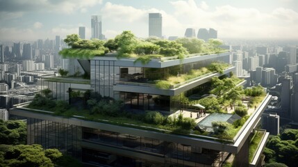 Obraz premium Urban Serenity: A Breathtaking Rooftop Garden Oasis amidst the Skyscrapers