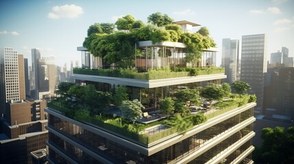Fototapeta premium Urban Serenity: A Breathtaking Rooftop Garden Oasis amidst the Skyscrapers