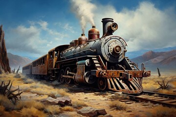 detailed painting of a train on a track. Generative AI