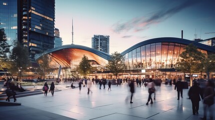 Twilight Tapestry: Dynamic Urban Plaza Unveils Futuristic Cityscape with Blurred Motion and Vibrant...