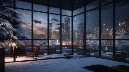 Glimmers of Warmth: A Captivating Winter Cityscape Embracing the Cozy Glow of Skyscrapers