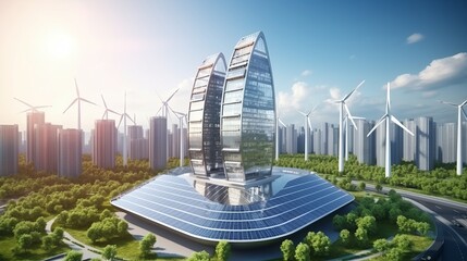 Renewable Revolution: Futuristic Eco Skyscraper Harnessing Solar Power and Wind Energy for Sustainable Urban Living - obrazy, fototapety, plakaty