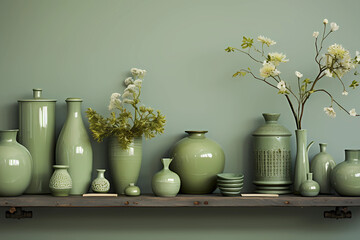 still life with green vases and flowers - obrazy, fototapety, plakaty